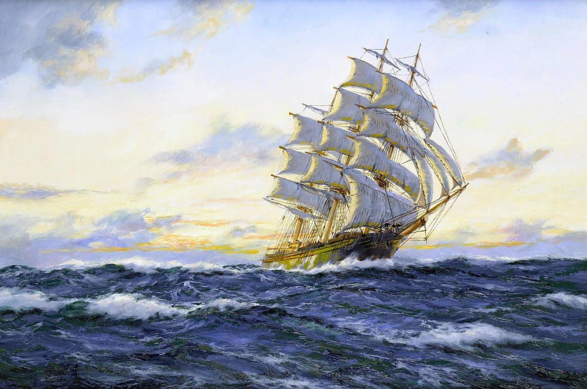 Hand-painted tall ship at sunset sea nautical oil painting on canvas