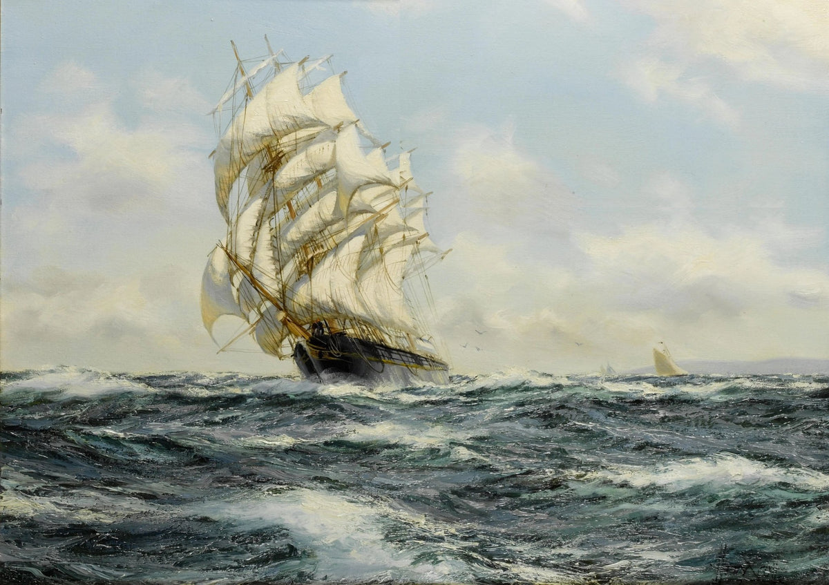 Hand-painted tall ship battling heavy seas nautical oil painting on canvas