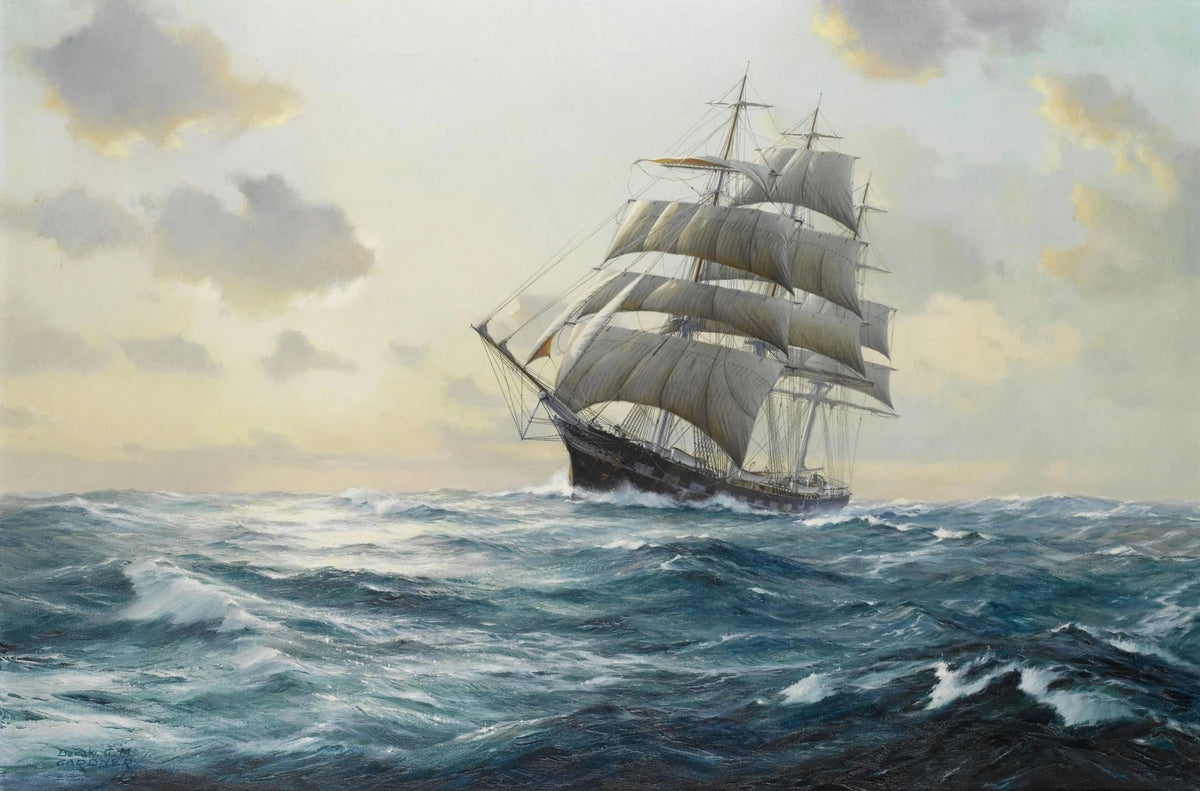 Hand-painted tall ship battling rough seas nautical oil painting on canvas