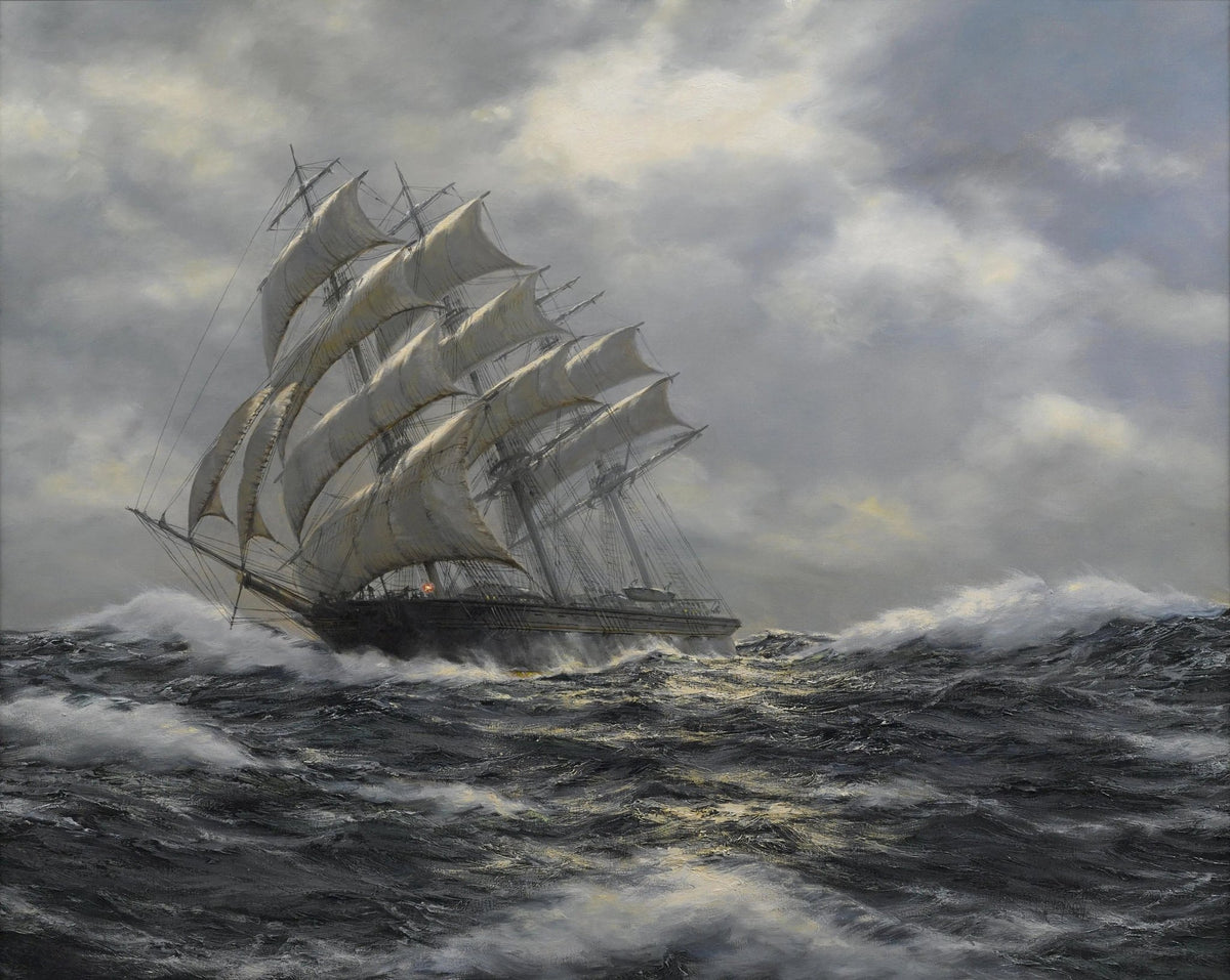Hand-painted tall ship battling stormy seas nautical oil painting on canvas