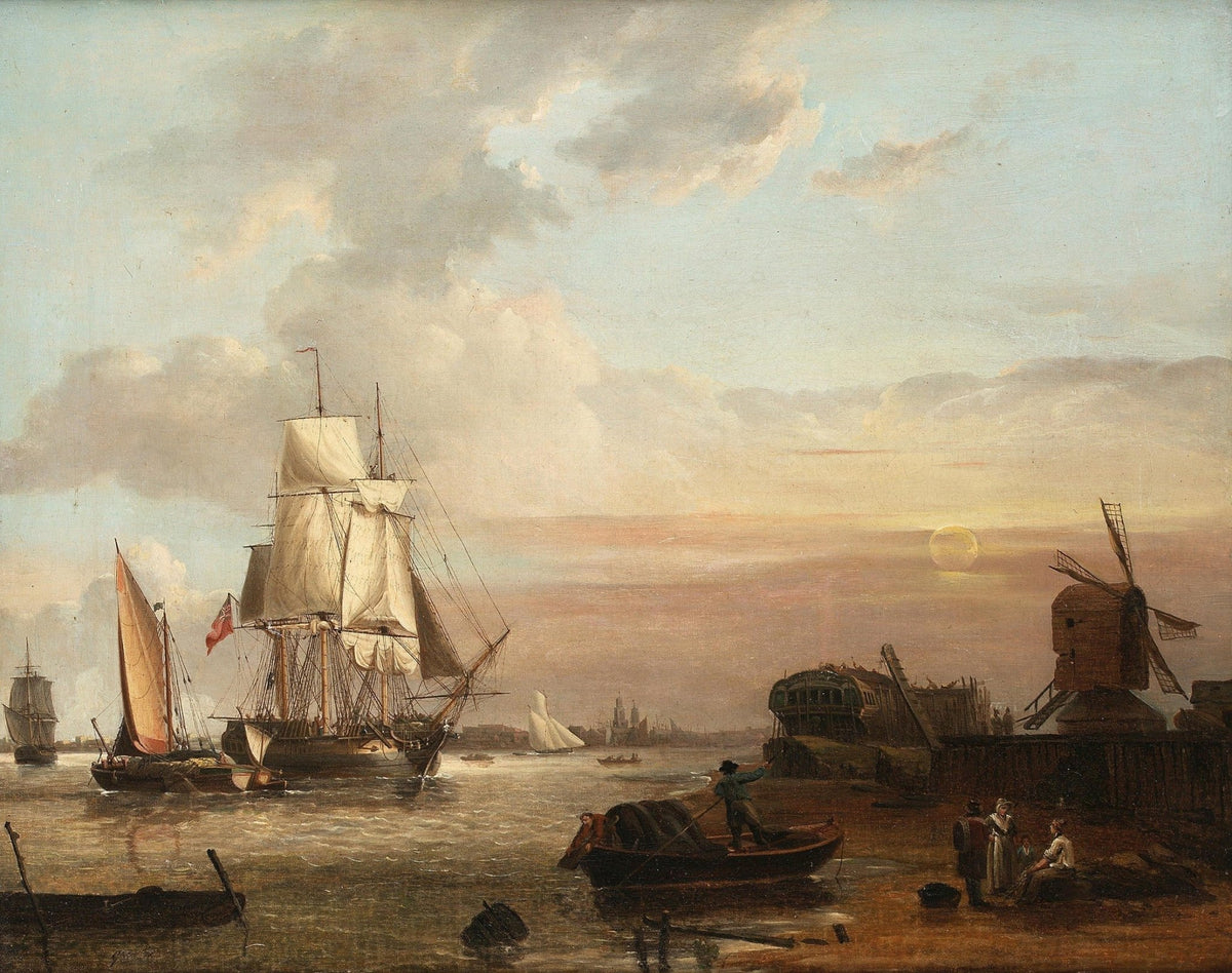 Hand-painted tall ship by harbor windmill at dusk nautical oil painting on canvas