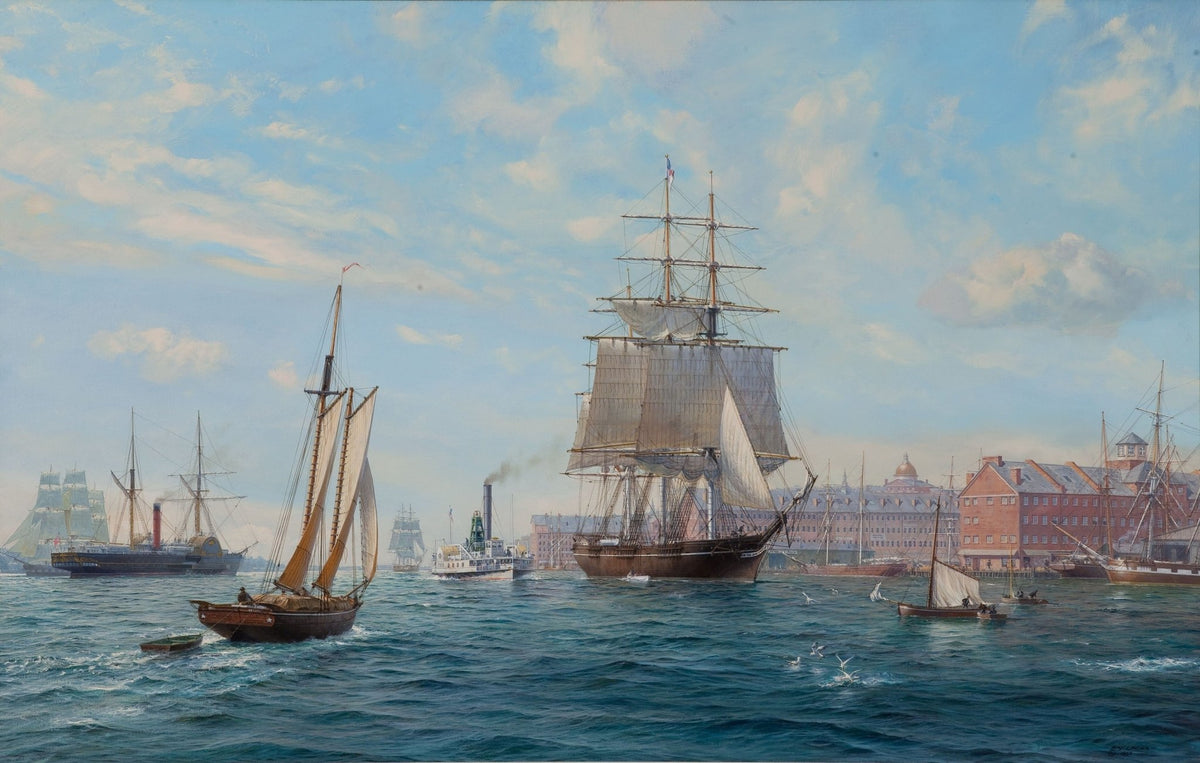 Hand-painted tall ship in a historic harbor scene nautical oil painting on canvas