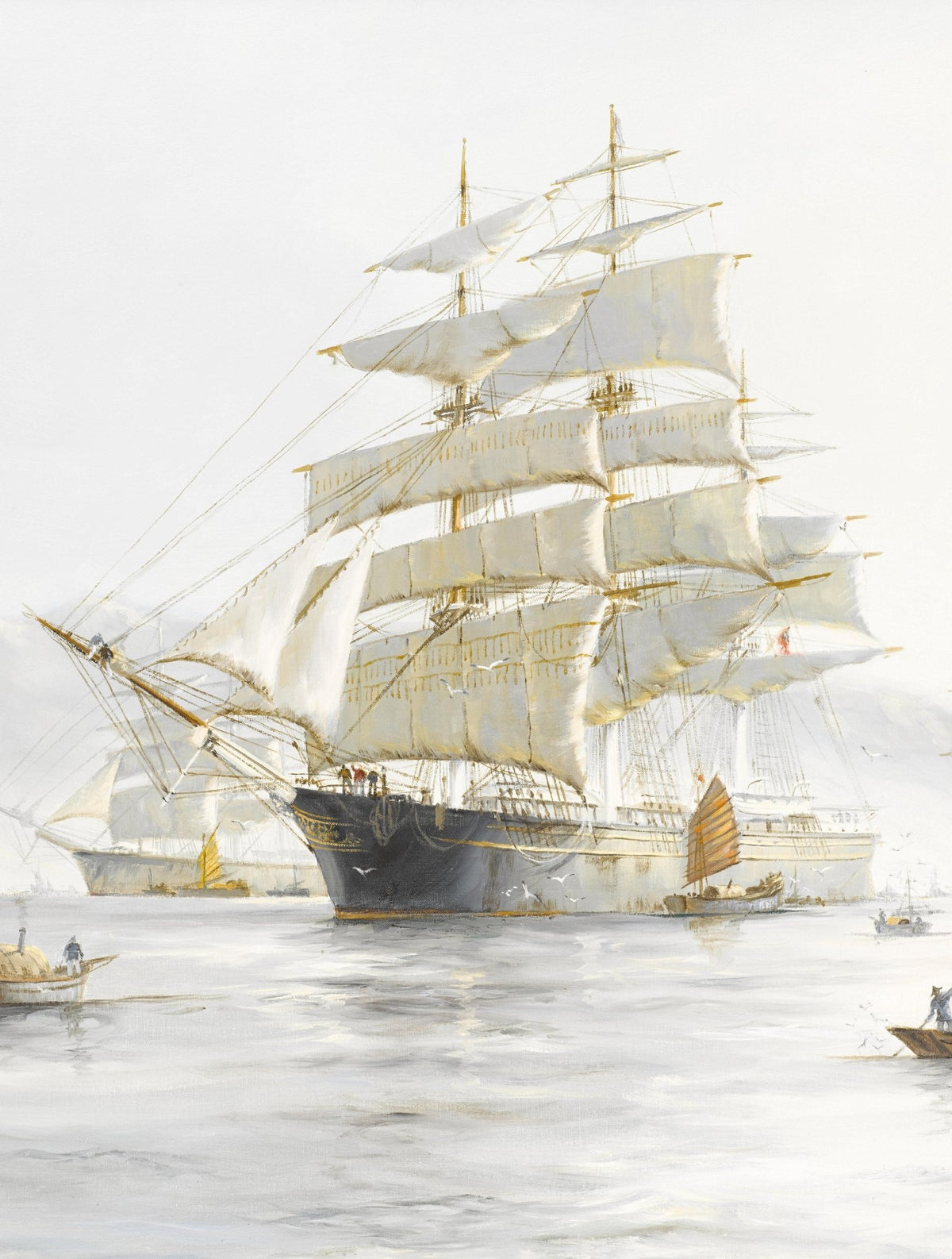 Hand-painted tall ship in a misty harbor scene nautical oil painting on canvas