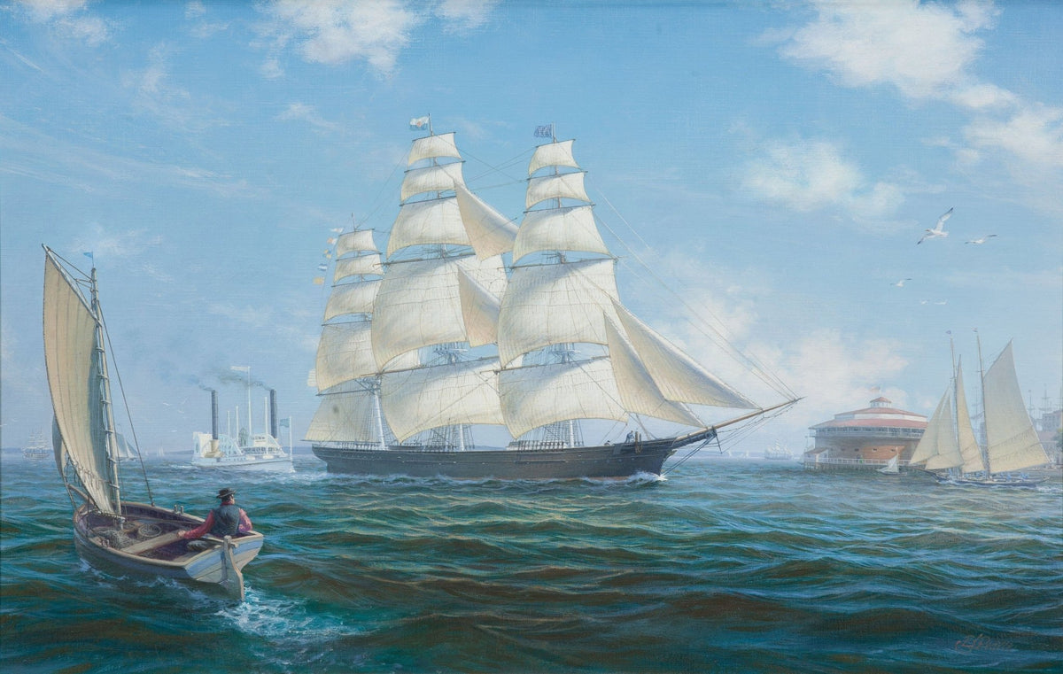Hand-painted tall ship in bright blue harbor waters nautical oil painting on canvas