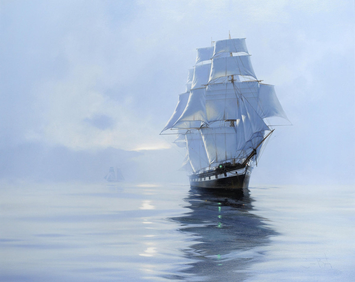 Hand-painted tall ship in misty blue waters nautical oil painting on canvas