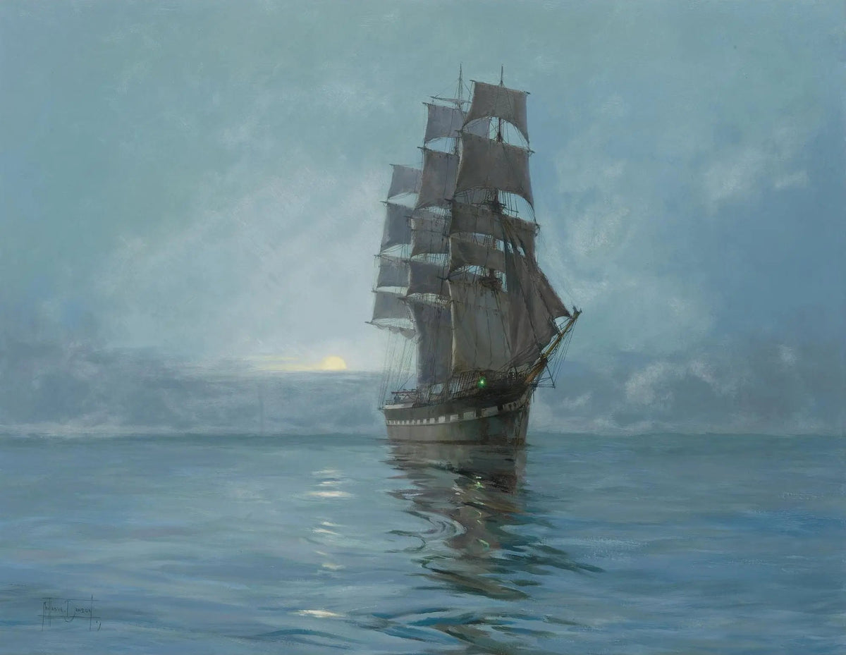 Hand-painted tall ship in misty sea nautical oil painting on canvas