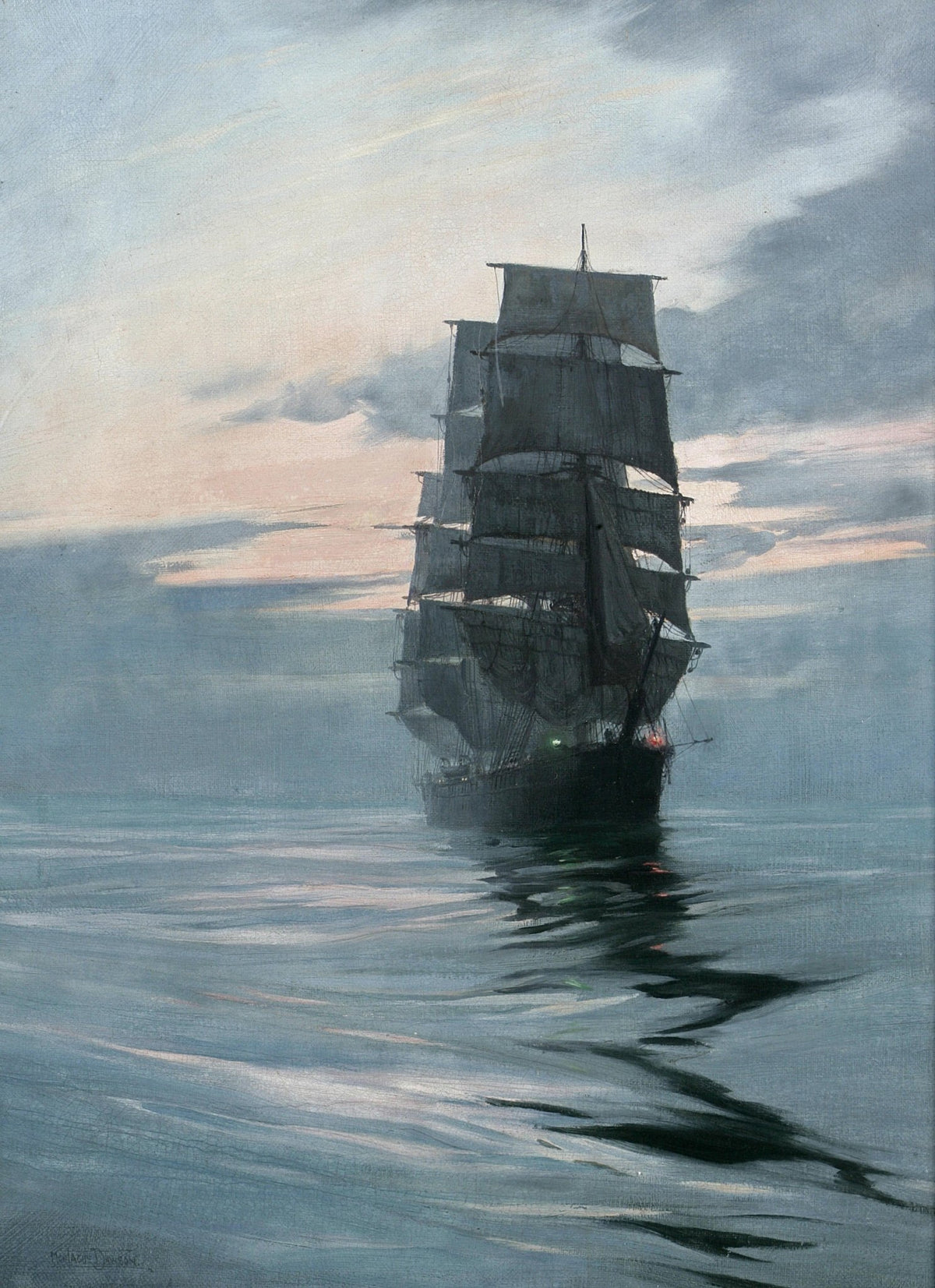 Hand-painted tall ship in misty twilight waters nautical oil painting on canvas