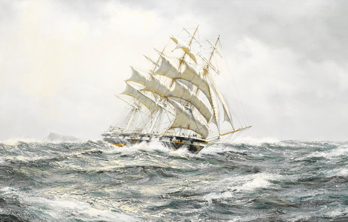 Hand-painted tall ship in rough sea and white sails nautical oil painting on canvas