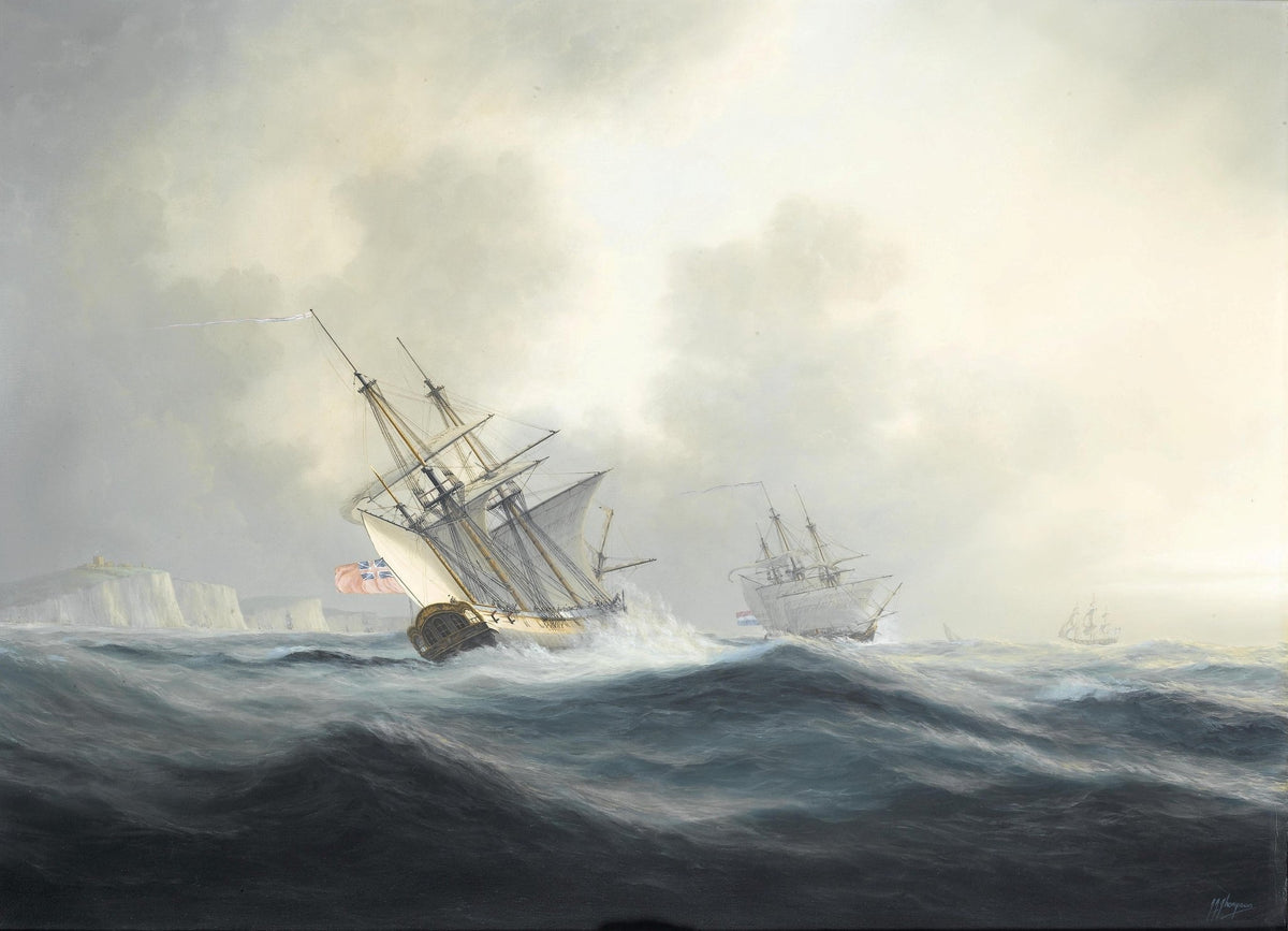 Hand-painted tall ship in rough sea by white cliffs nautical oil painting on canvas