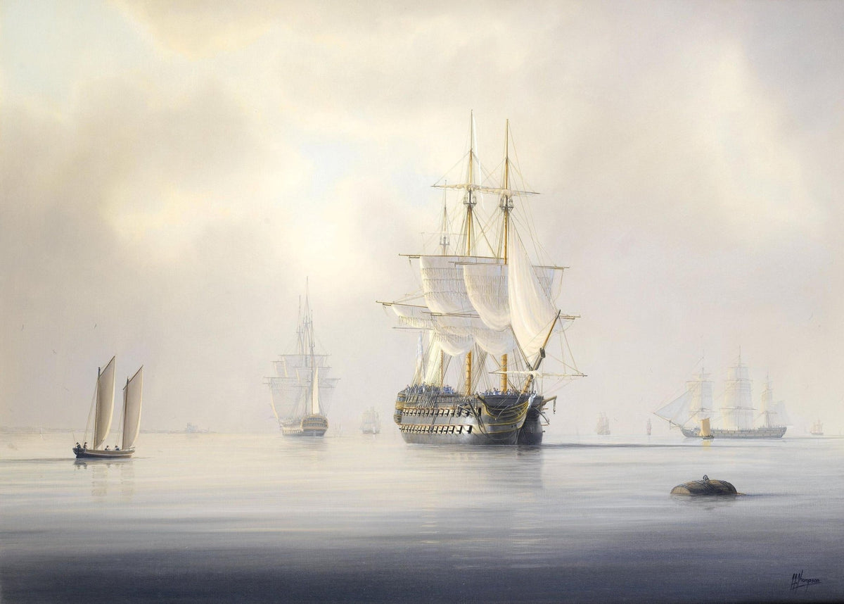 Hand-painted tall ship in soft harbor morning light nautical oil painting on canvas