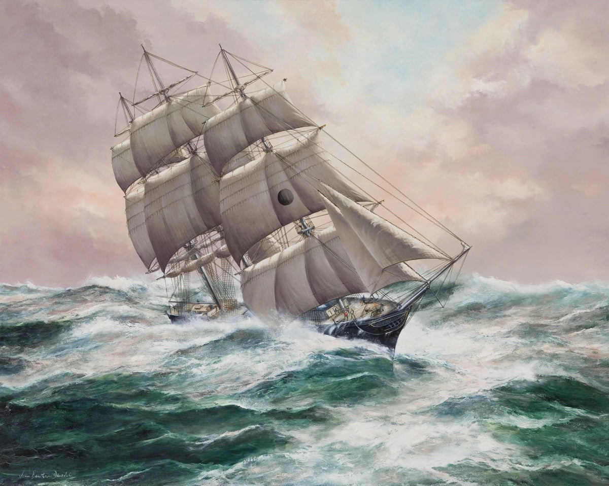 Hand-painted tall ship in stormy sea nautical oil painting on canvas