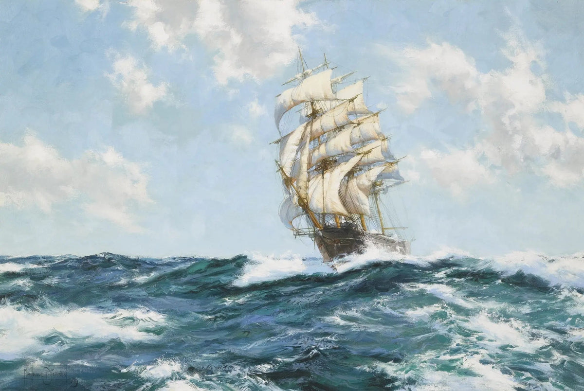 Hand-painted tall ship in stormy sea nautical oil painting on canvas
