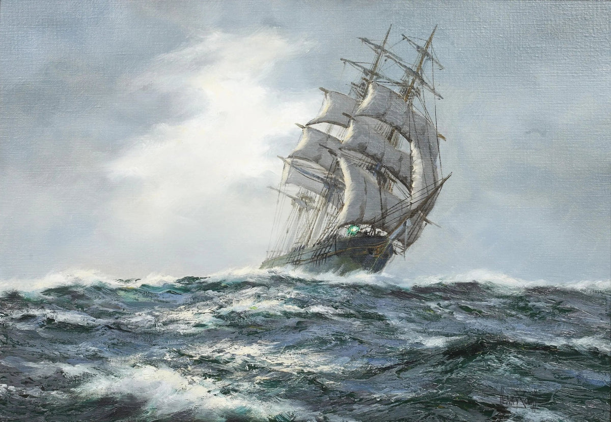 Hand-painted tall ship in stormy seas nautical oil painting on canvas