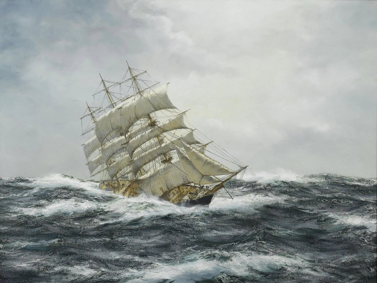 Hand-painted tall ship in stormy seas nautical oil painting on canvas