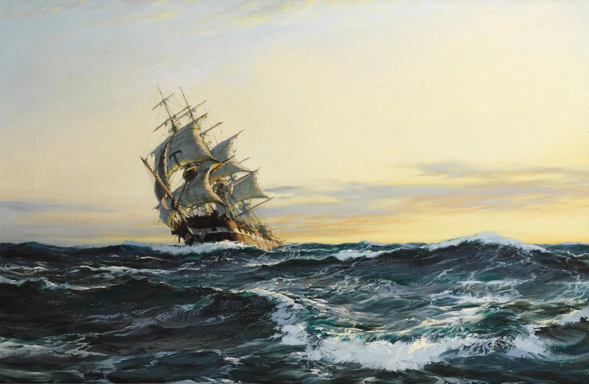 Hand-painted tall ship in sunset sea nautical oil painting on canvas