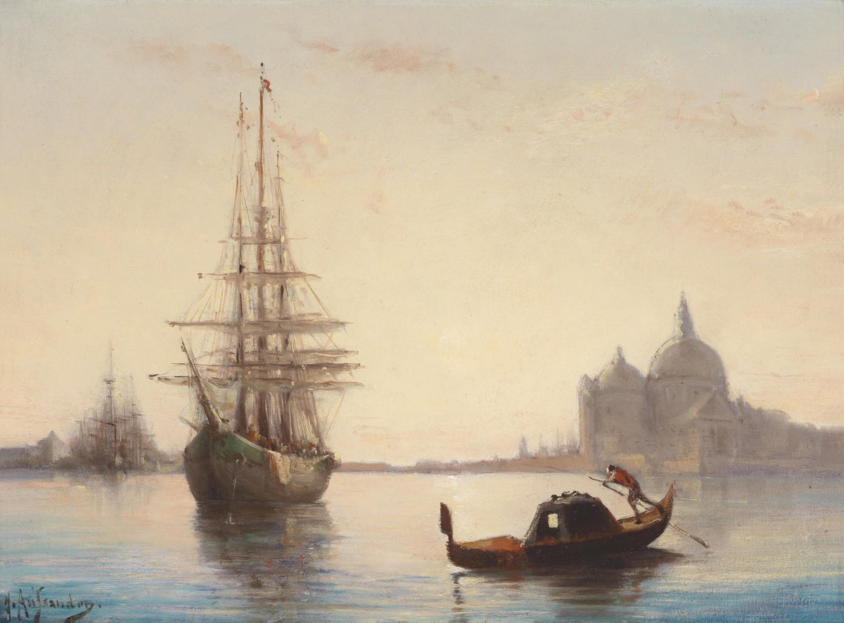 Hand-painted tall ship in Venetian lagoon nautical oil painting on canvas