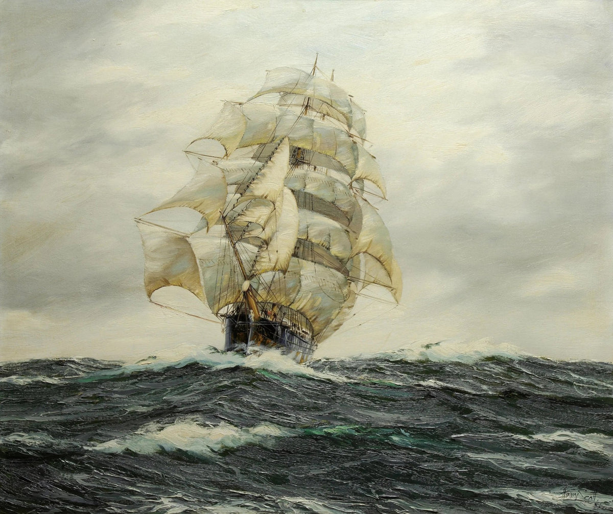 Hand-painted tall ship navigating heavy seas nautical oil painting on canvas