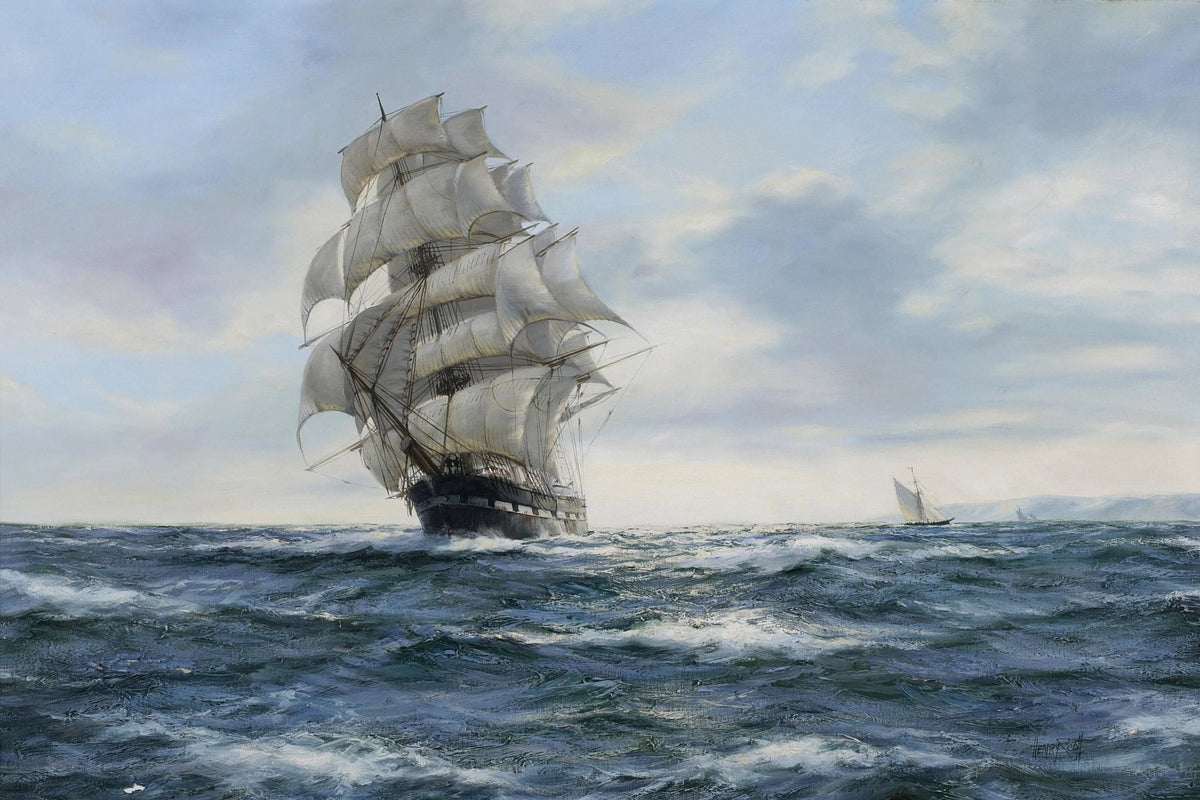 Hand-painted tall ship navigating stormy seas nautical oil painting on canvas