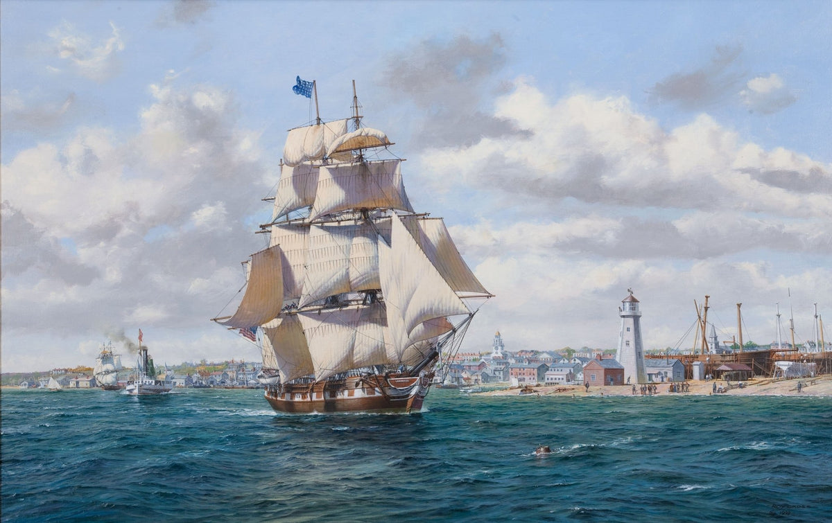 Hand-painted tall ship near a lighthouse harbor nautical oil painting on canvas