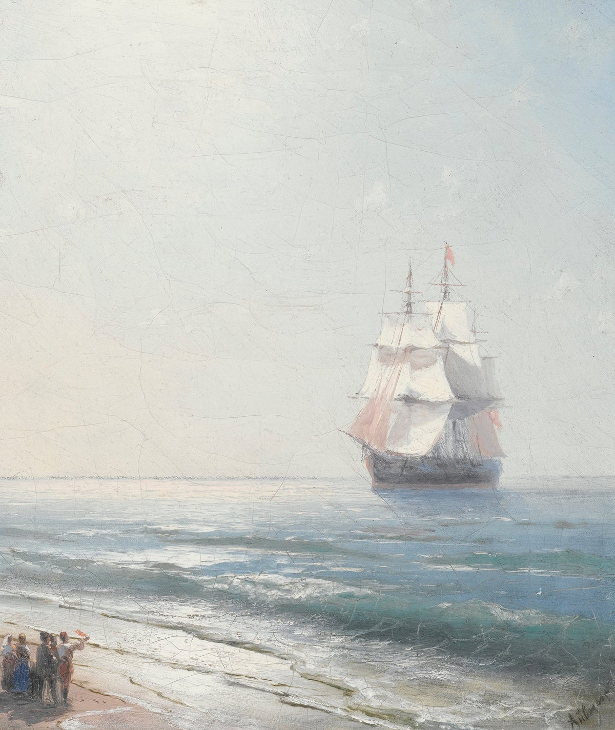Hand-painted tall ship off the shore nautical oil painting on canvas