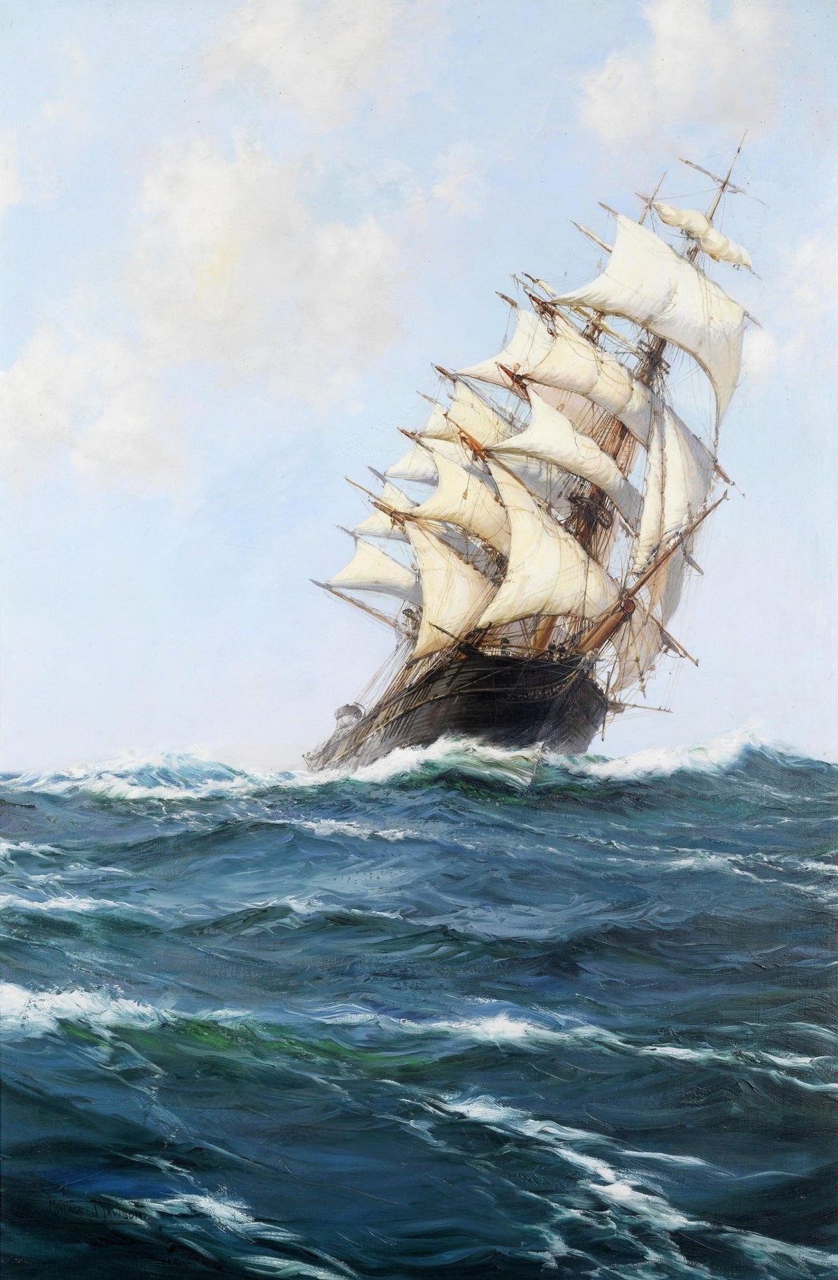 Hand-painted tall ship on blue ocean waves nautical oil painting on canvas