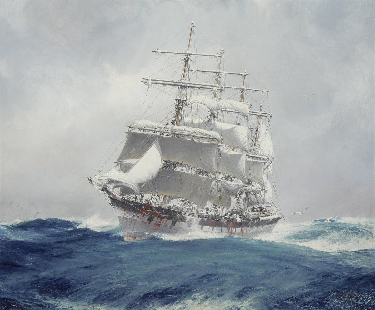 Hand-painted tall ship on blue sea under gray sky nautical oil painting on canvas