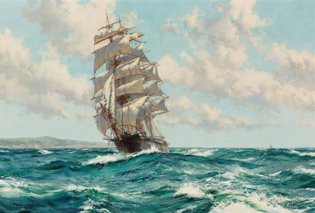 Hand-painted tall ship on bright turquoise waves nautical oil painting on canvas