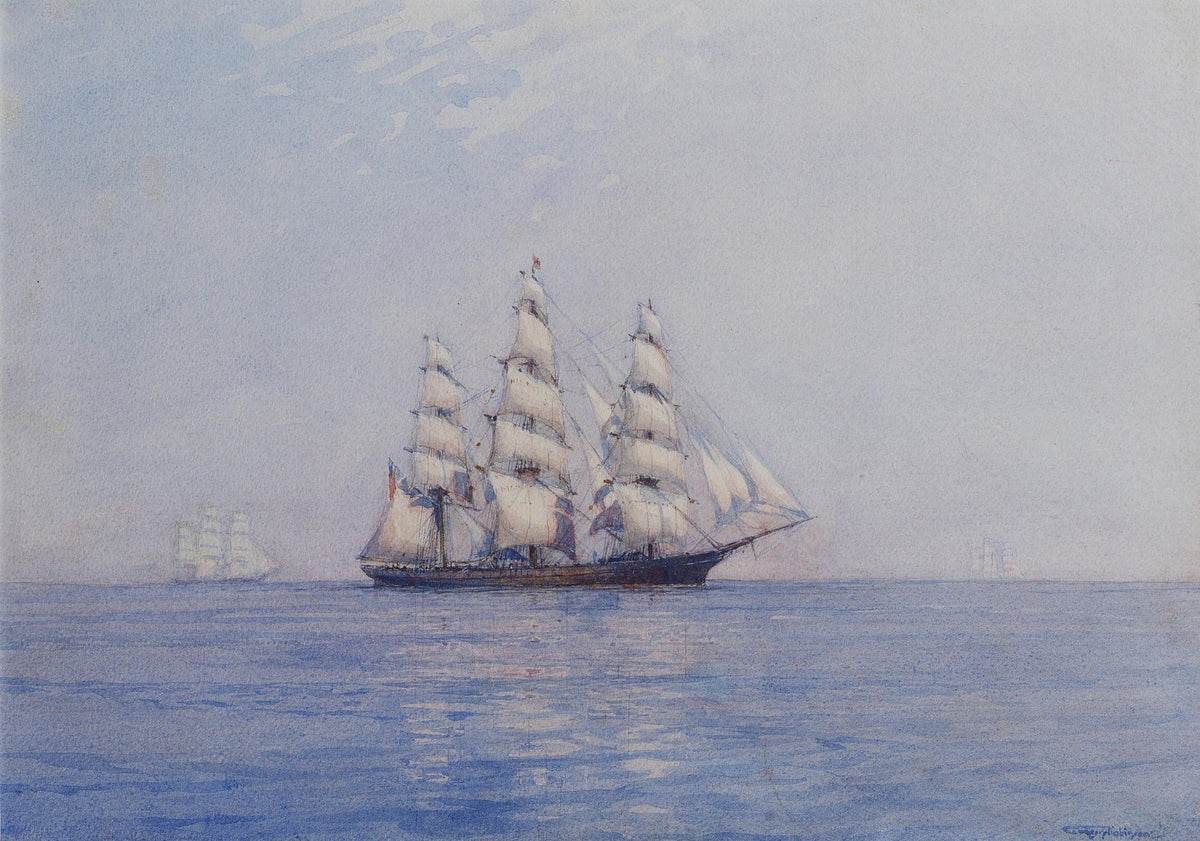 Hand-painted tall ship on calm blue sea at dawn nautical oil painting on canvas