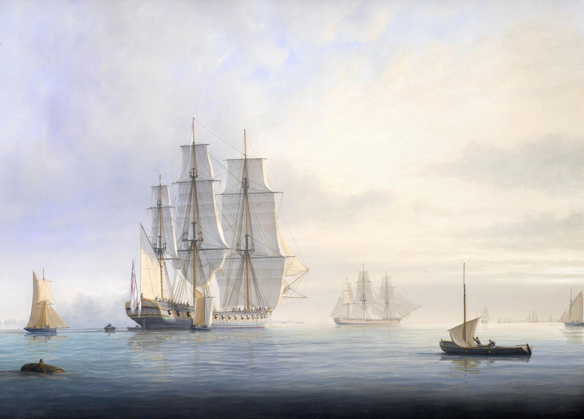 Hand-painted tall ship on calm sea in morning light nautical oil painting on canvas