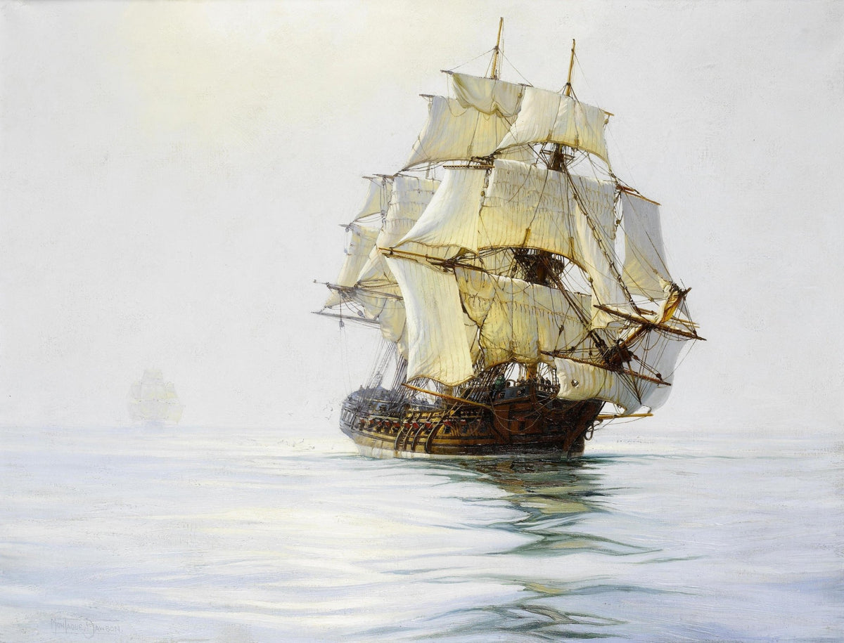 Hand-painted tall ship on calm water in morning mist nautical oil painting on canvas