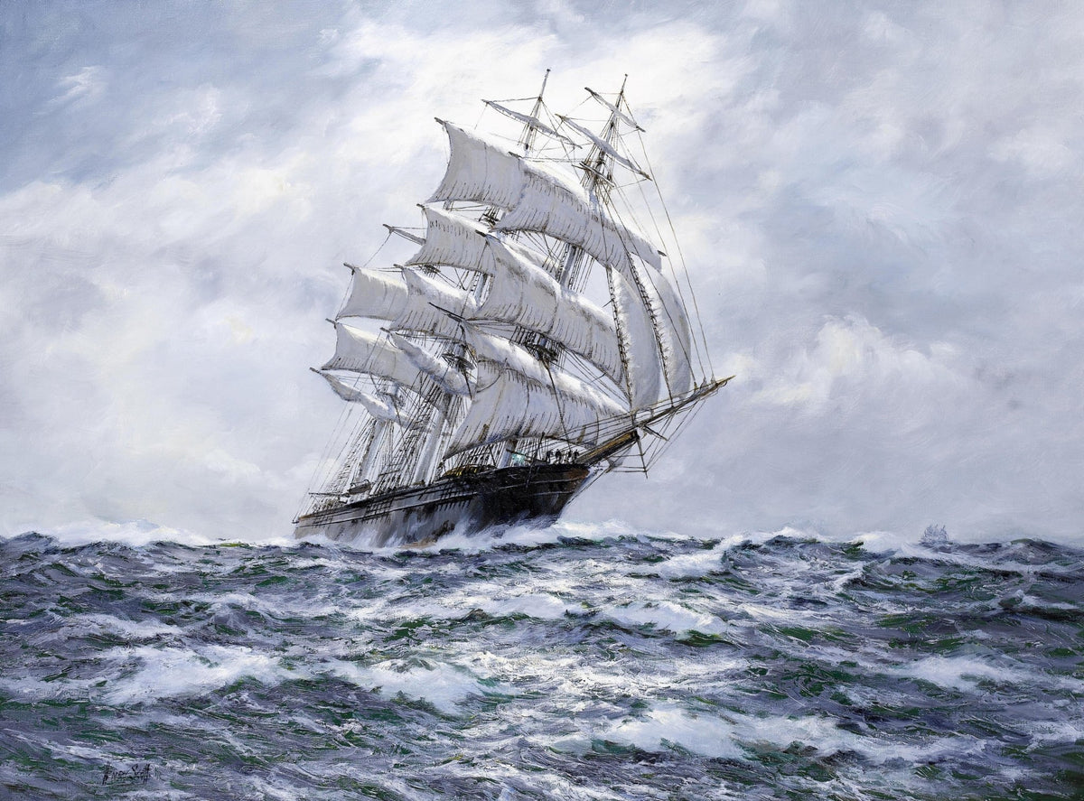 Hand-painted tall ship on choppy sea under gray sky nautical oil painting on canvas