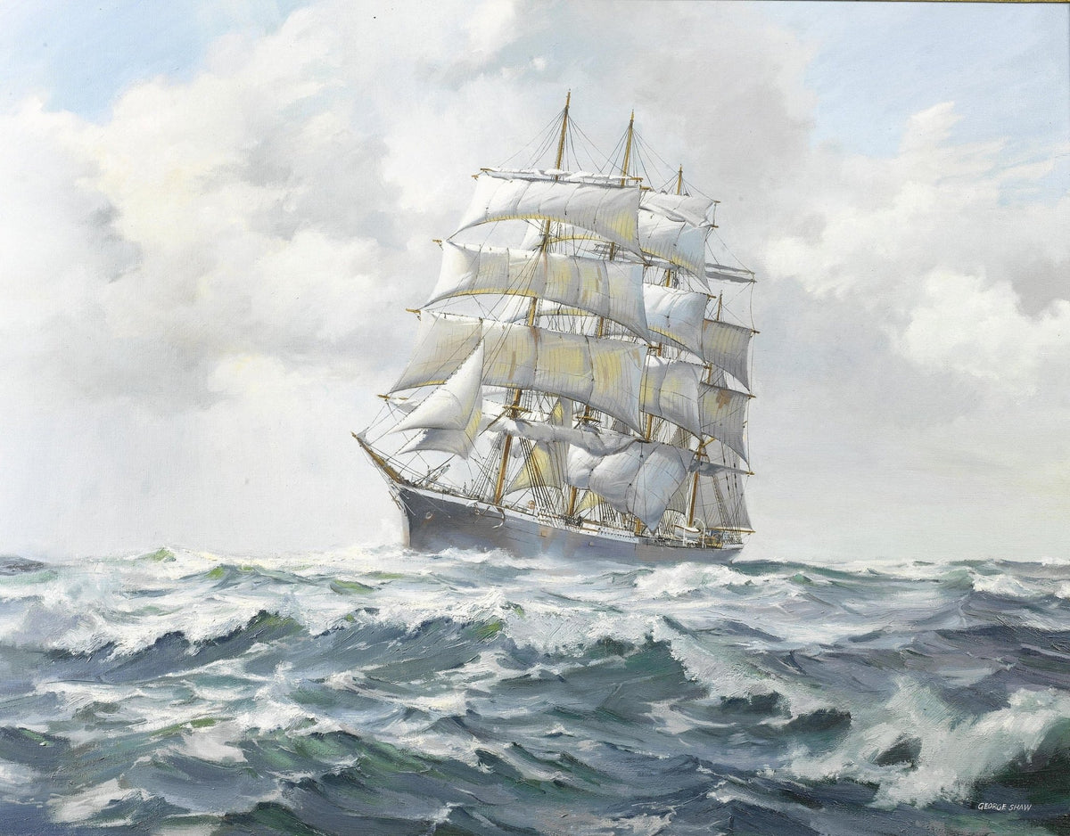 Hand-painted tall ship on foaming blue-green sea nautical oil painting on canvas