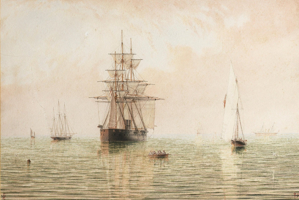 Hand-painted tall ship on glassy morning waters nautical oil painting on canvas