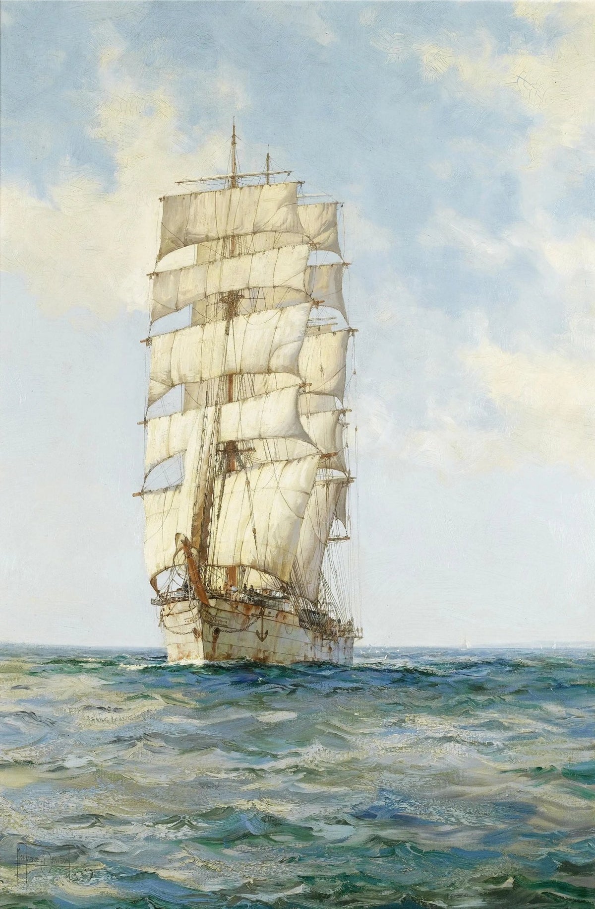 Hand-painted tall ship on open sea nautical oil painting on canvas