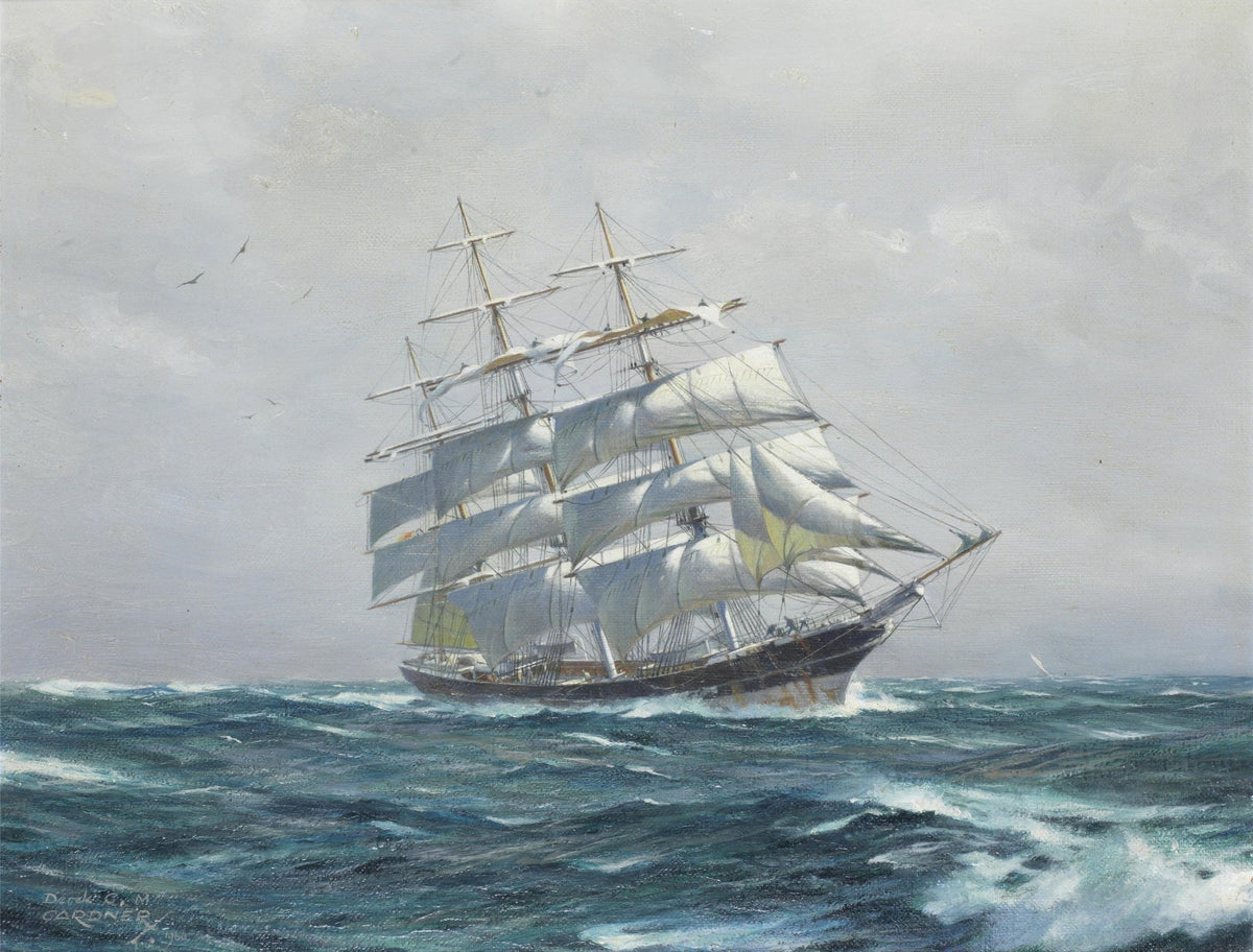 Hand-painted tall ship on rolling blue sea nautical oil painting on canvas