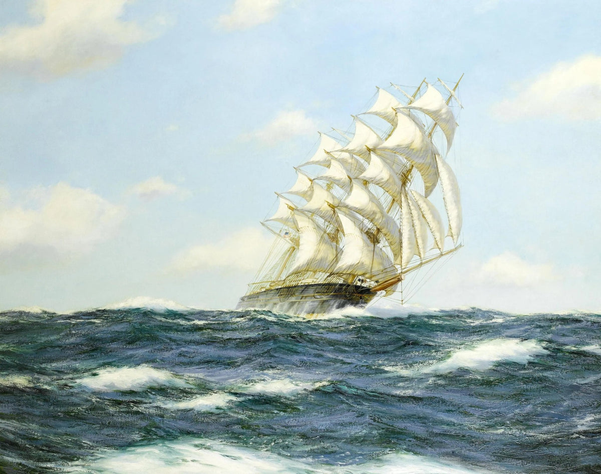 Hand-painted tall ship on rough sea nautical oil painting on canvas