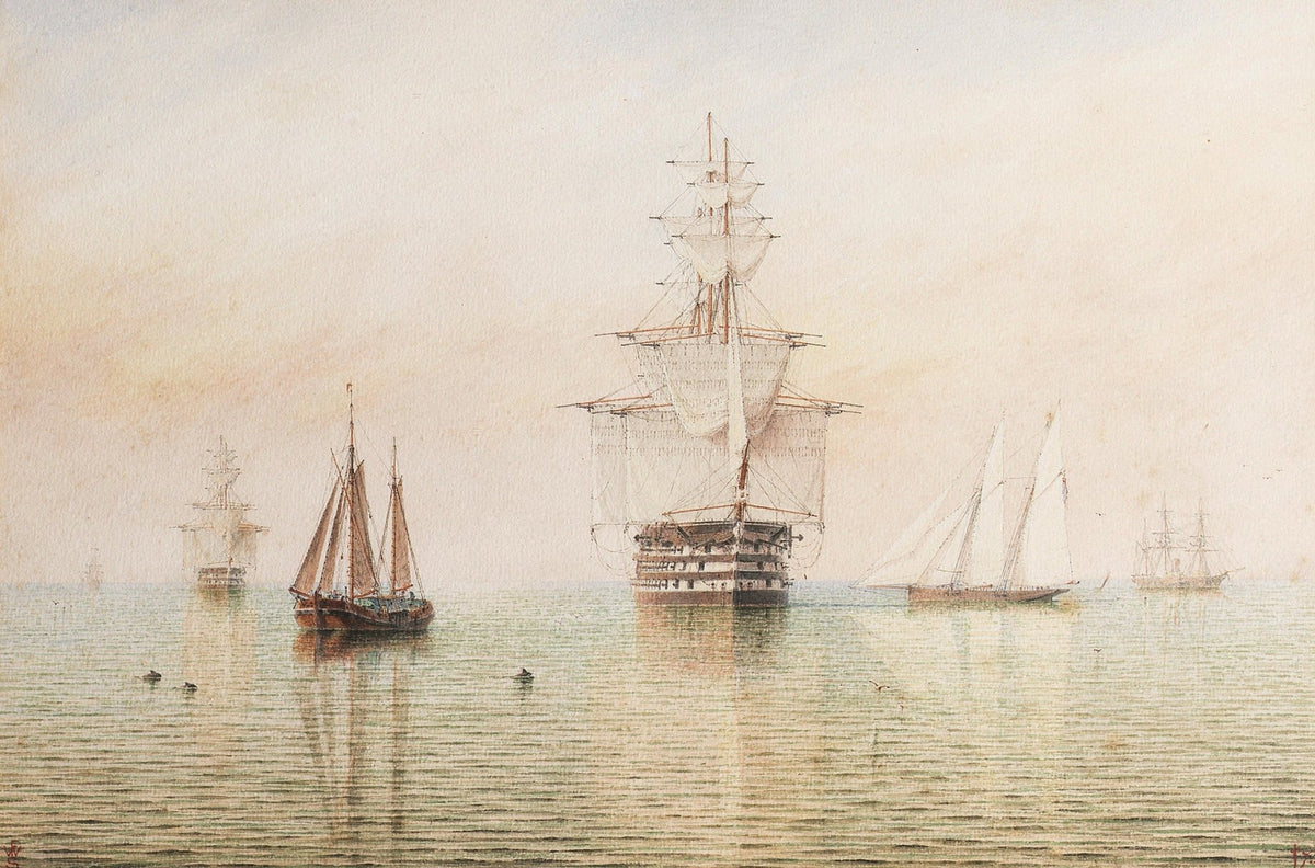 Hand-painted tall ship on still sea with sailboats nautical oil painting on canvas