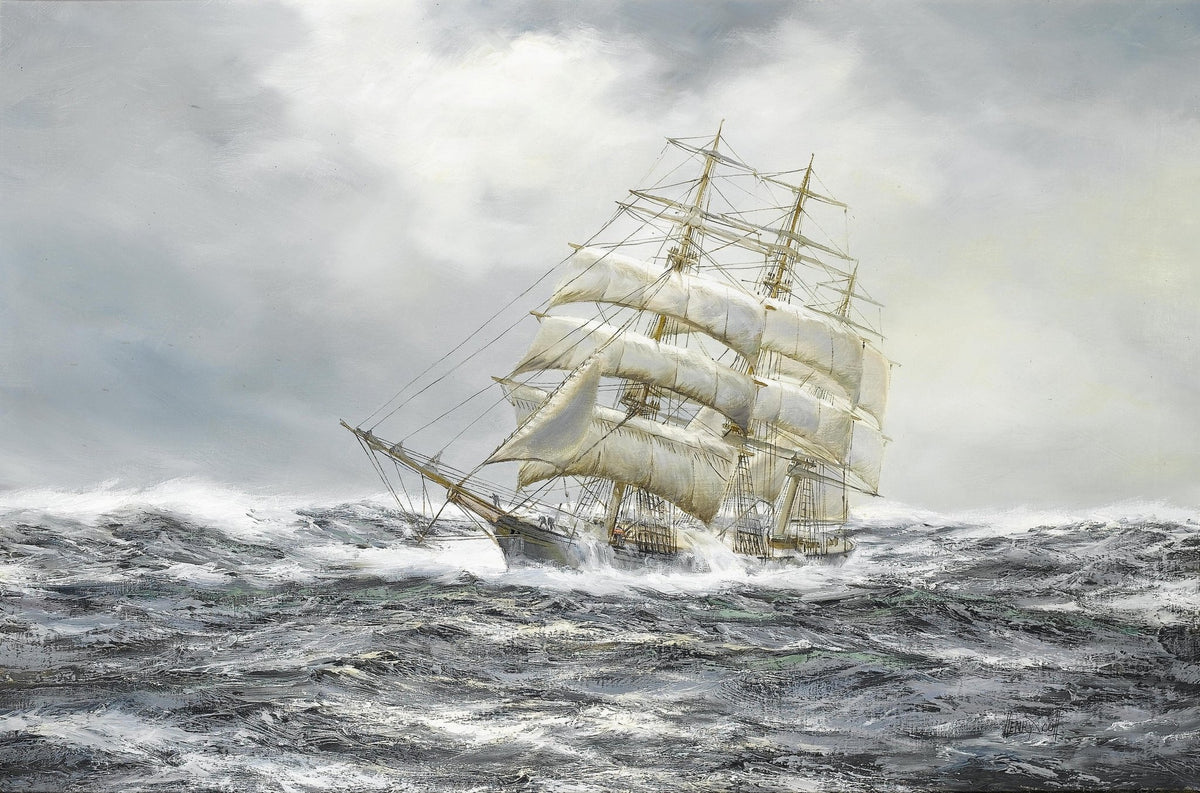 Hand-painted tall ship on stormy gray sea with sails nautical oil painting on canvas