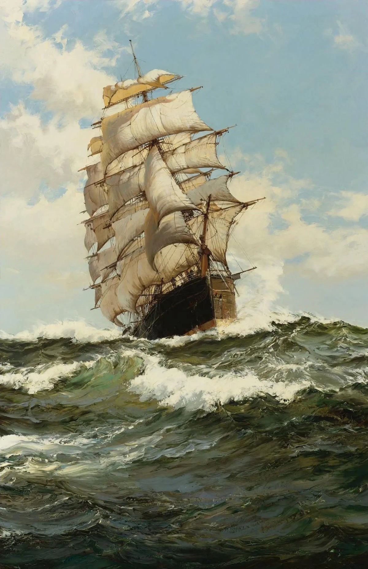 Hand-painted tall ship on stormy sea nautical oil painting on canvas