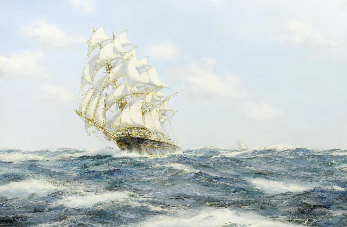 Hand-painted tall ship on stormy seas nautical oil painting on canvas