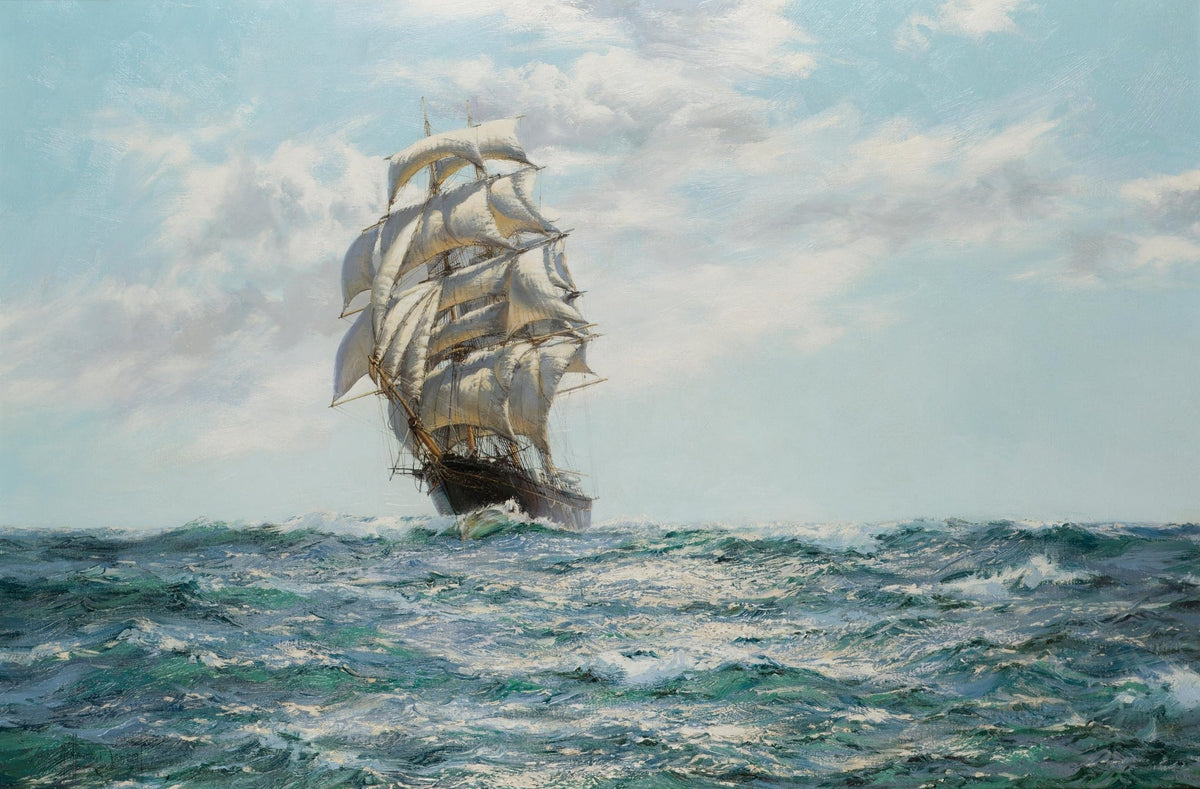 Hand-painted tall ship on sunlit blue sea nautical oil painting on canvas