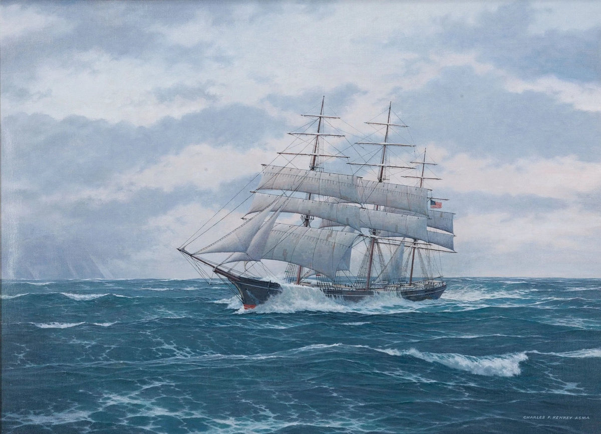 Hand-painted tall ship on turbulent sea nautical oil painting on canvas