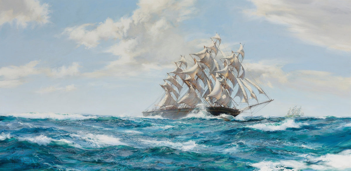 Hand-painted tall ship on turquoise coastal waves nautical oil painting on canvas