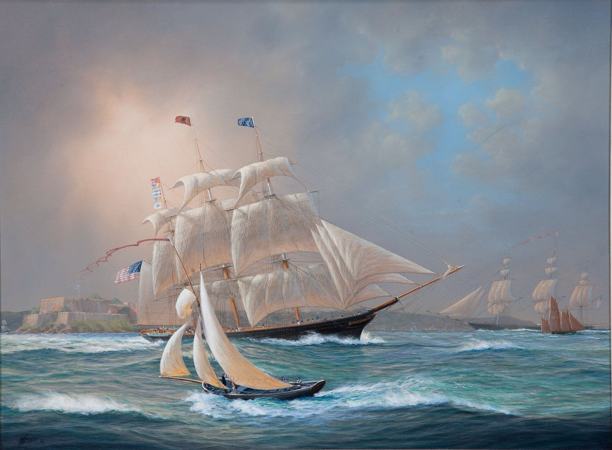 Hand-painted tall ship regatta on coastal waters nautical oil painting on canvas