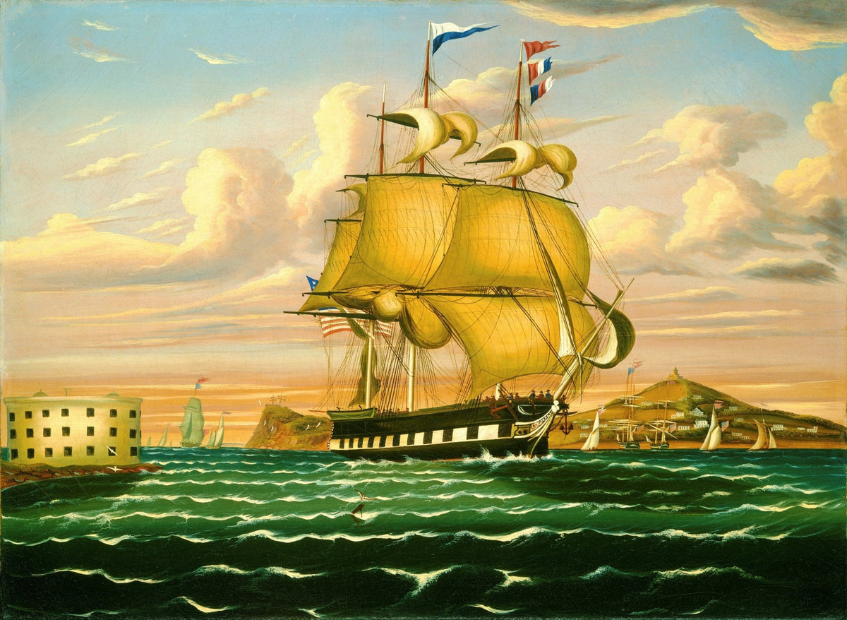 Hand-painted tall ship sailing by harbor fort nautical oil painting on canvas