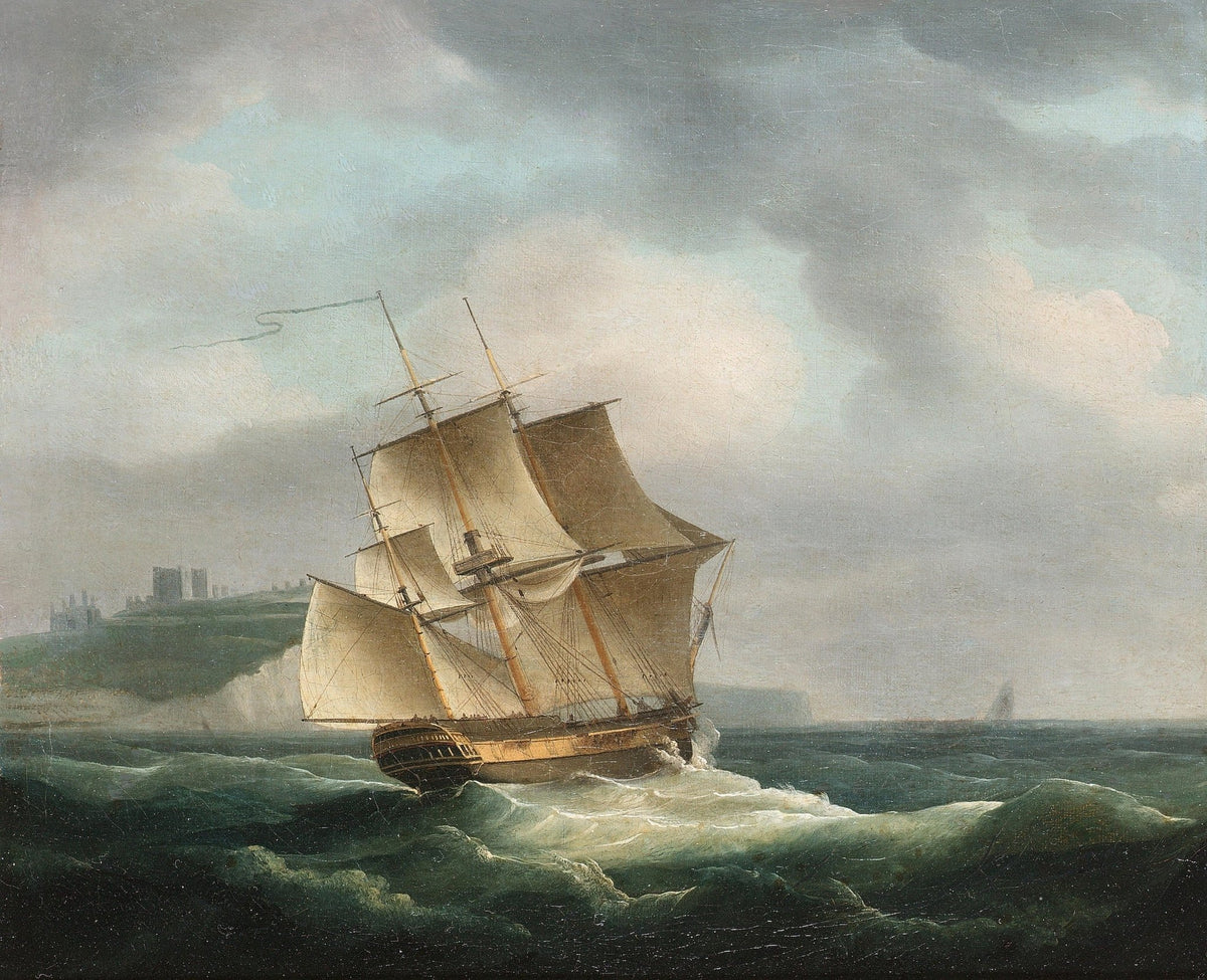 Hand-painted tall ship sailing off coastal cliffs nautical oil painting on canvas
