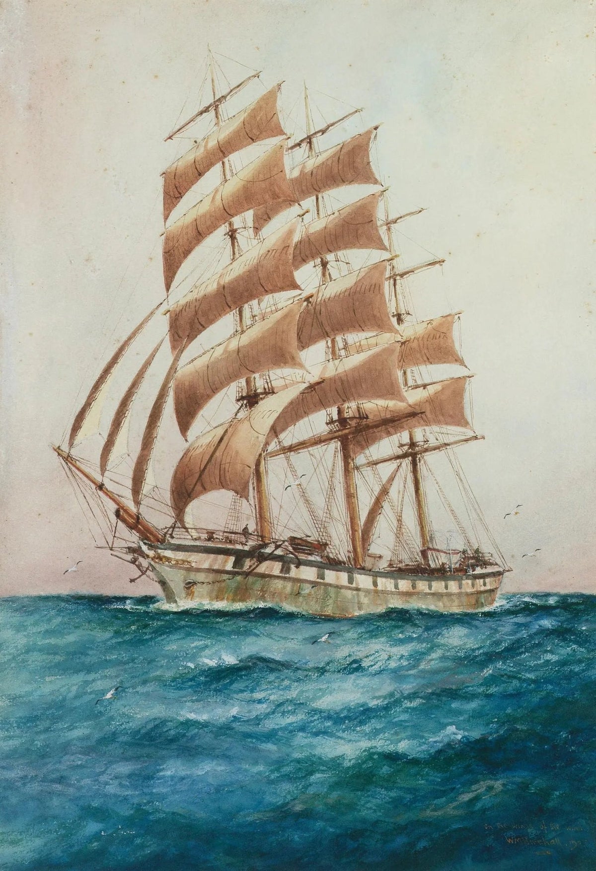 Hand-painted tall ship sailing on open seas nautical oil painting on canvas