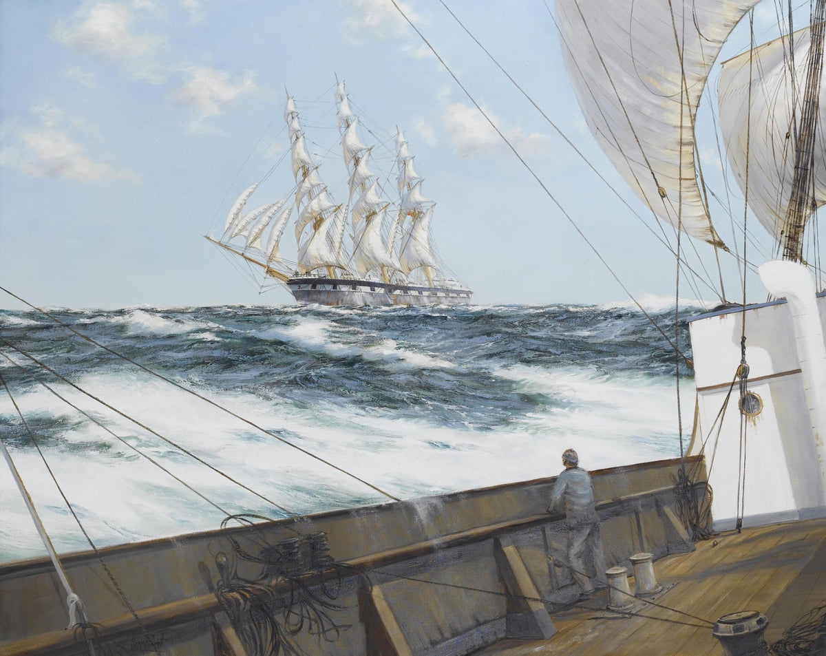 Hand-painted tall ship seen from deck on rolling sea nautical oil painting on canvas