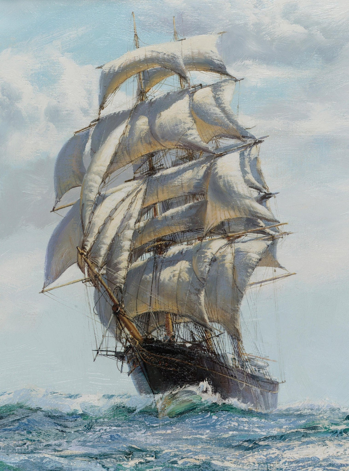 Hand-painted tall ship with full sails on blue sea nautical oil painting on canvas