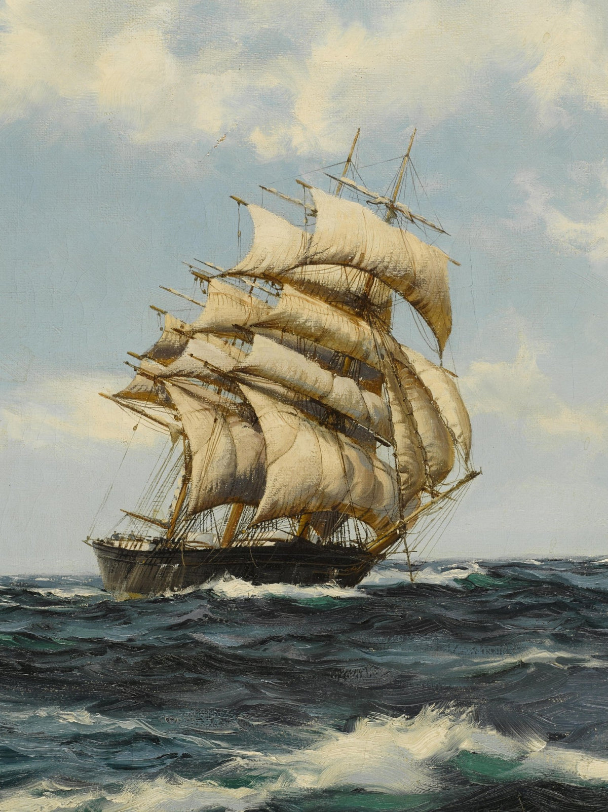 Hand-painted tall ship with full sails on open sea nautical oil painting on canvas